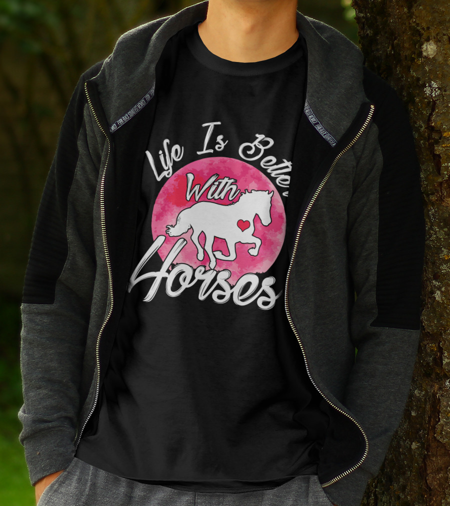Life Is Better With Horses White Silhouette And Pink Watercolor Circle T-Shirt