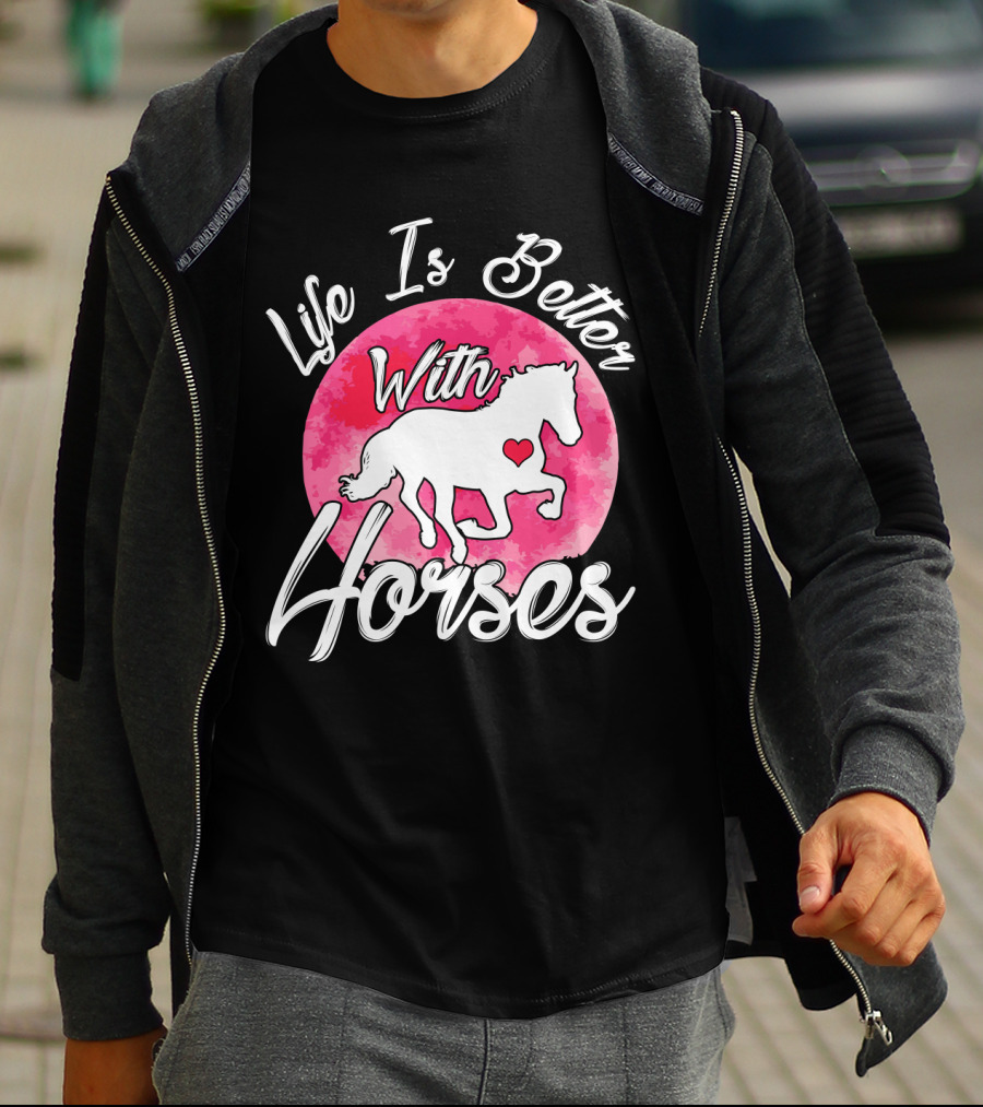 Life Is Better With Horses White Silhouette And Pink Watercolor Circle T-Shirt