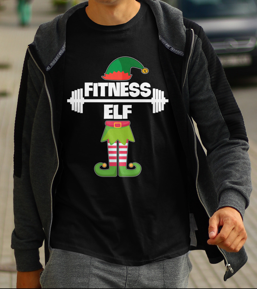 FITNESS ELF Workout Exercise Weight Lifter Barbell Holiday Humor T-Shirt