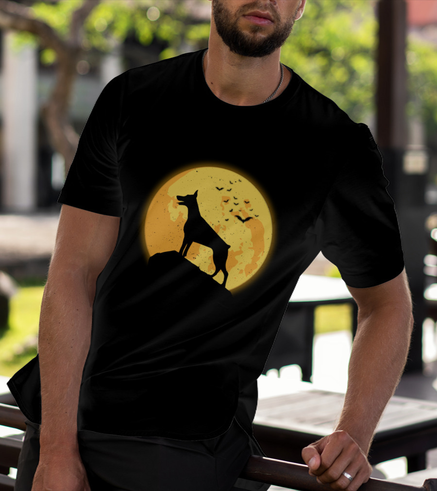 DOBERMAN Dog Silhouette Against Orange Moon Night Scene T-Shirt