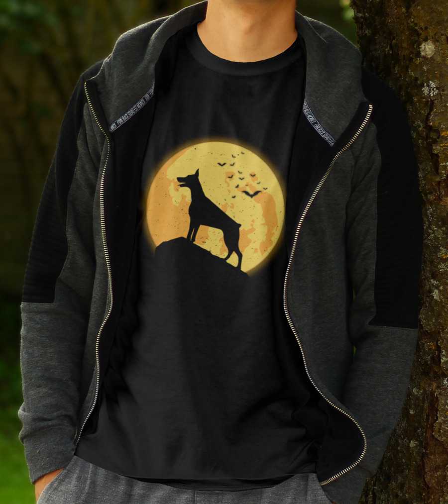 DOBERMAN Dog Silhouette Against Orange Moon Night Scene T-Shirt