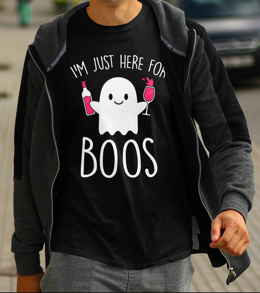 I'm Just Here For Boos Ghost Holding Wine Bottle And Glass T-Shirt