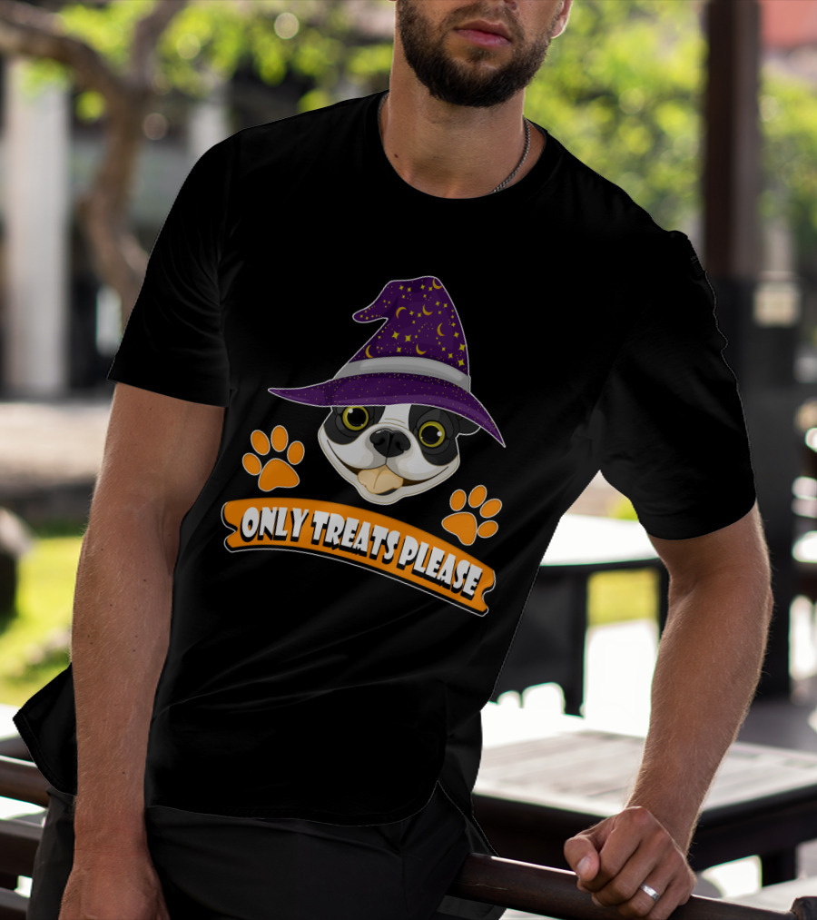 Boston Terrier Only Treats Please Wizard Hat And Paw Prints T-Shirt