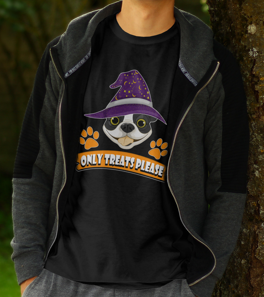 Boston Terrier Only Treats Please Wizard Hat And Paw Prints T-Shirt
