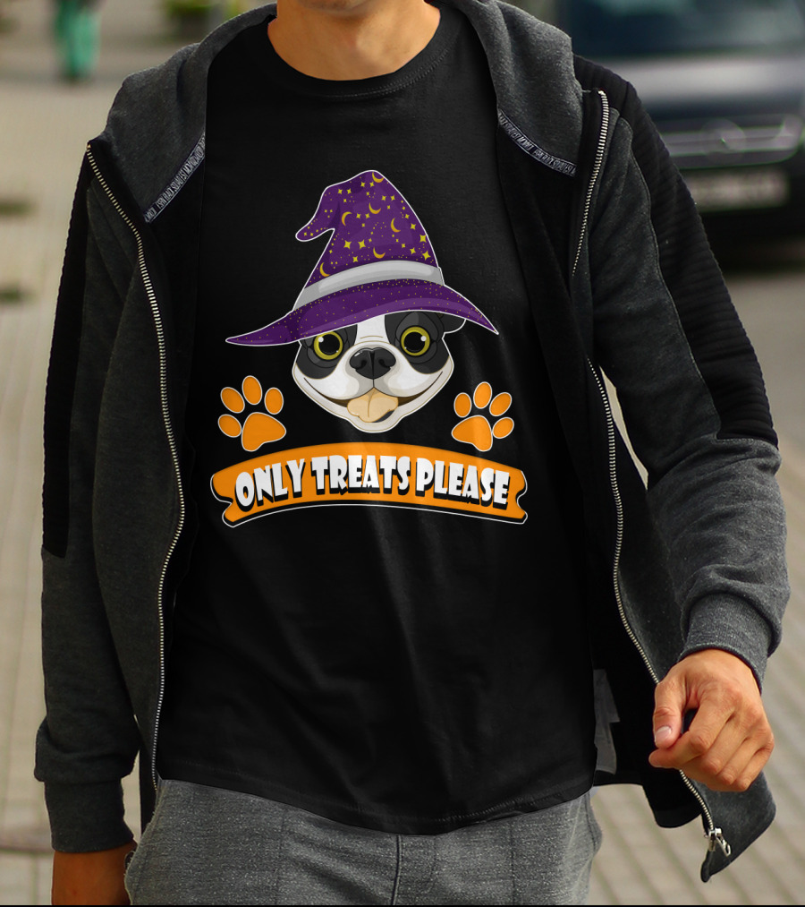Boston Terrier Only Treats Please Wizard Hat And Paw Prints T-Shirt