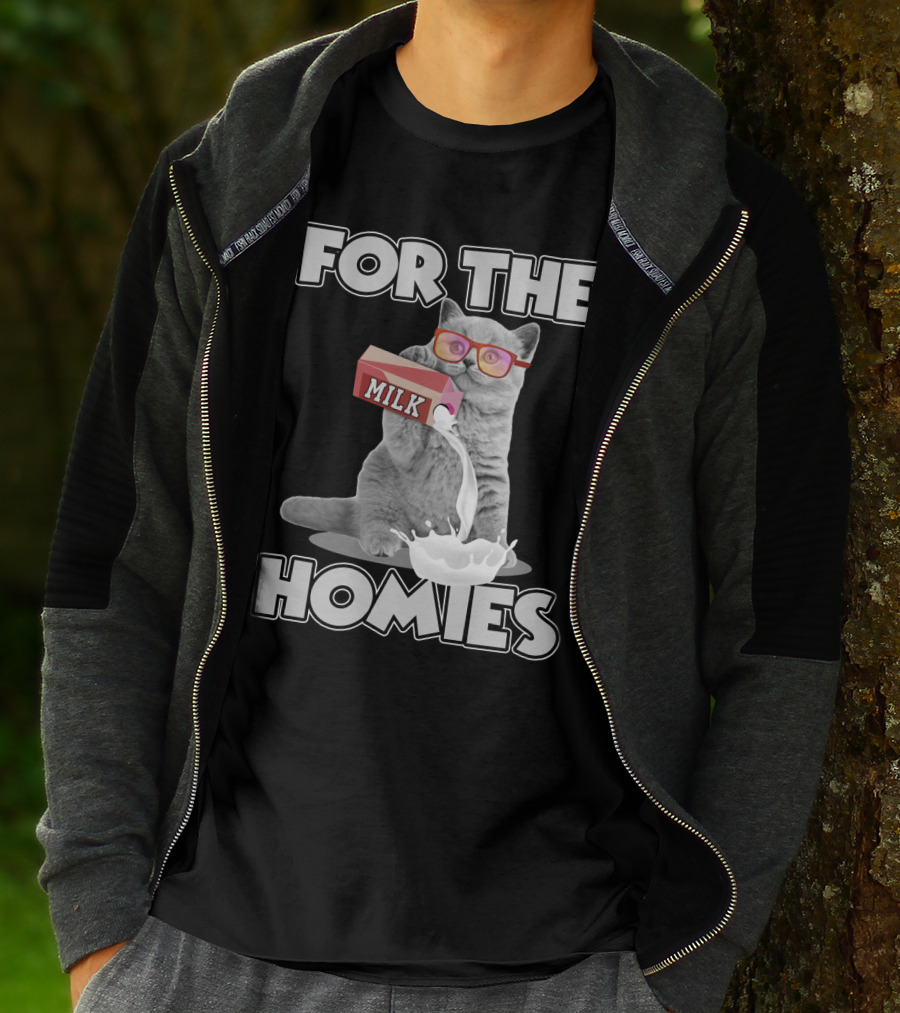 For The Homies Funny Cat Pouring Milk With Glasses T-Shirt