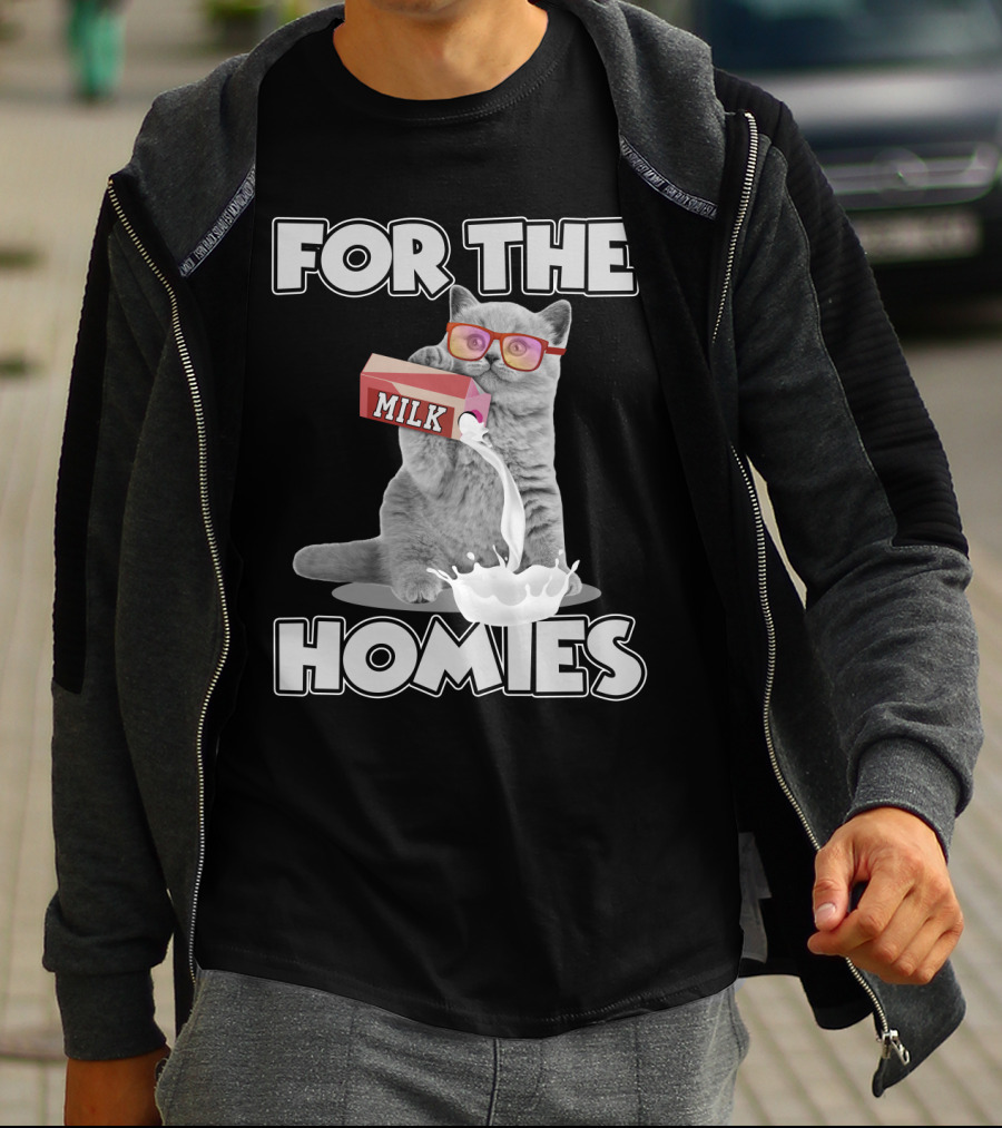 For The Homies Funny Cat Pouring Milk With Glasses T-Shirt