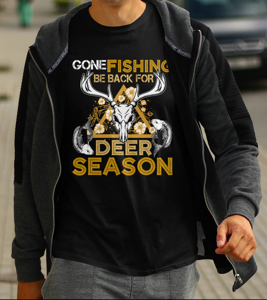 Gone Fishing Be Back For Deer Season Antler Skull Fish Floral Triangle T-Shirt