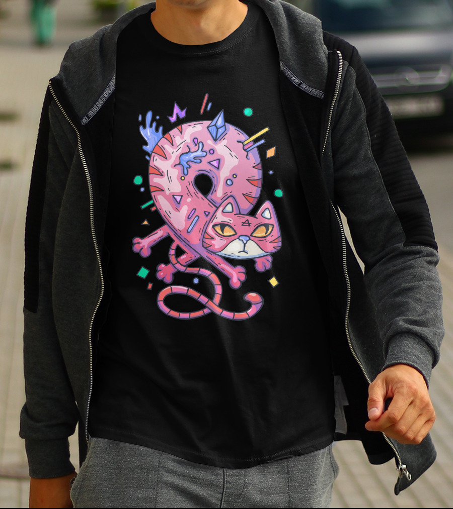 Pink Donut Cat Twisted Into Loop With Colorful Elements T-Shirt