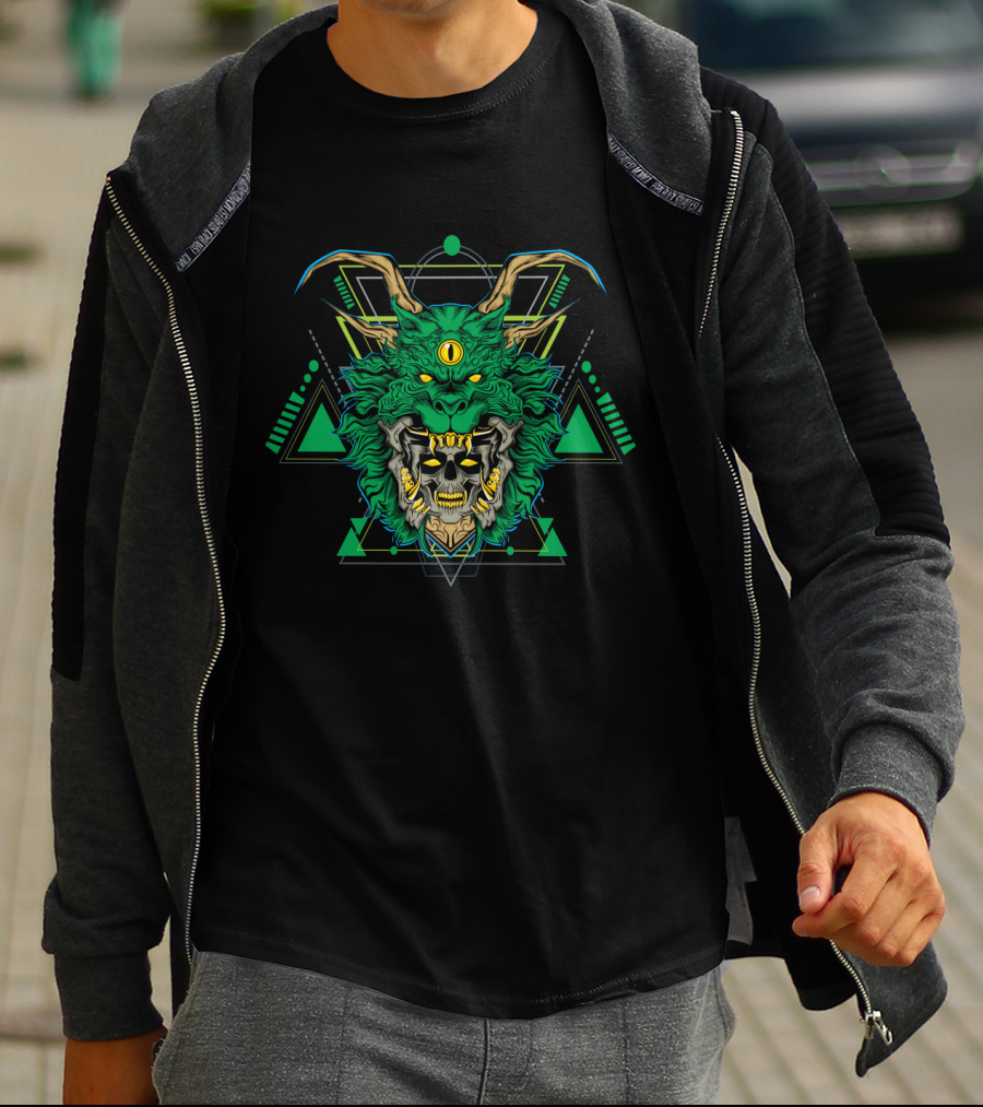 Green Dragon Geometric Skull Fusion T-Shirt