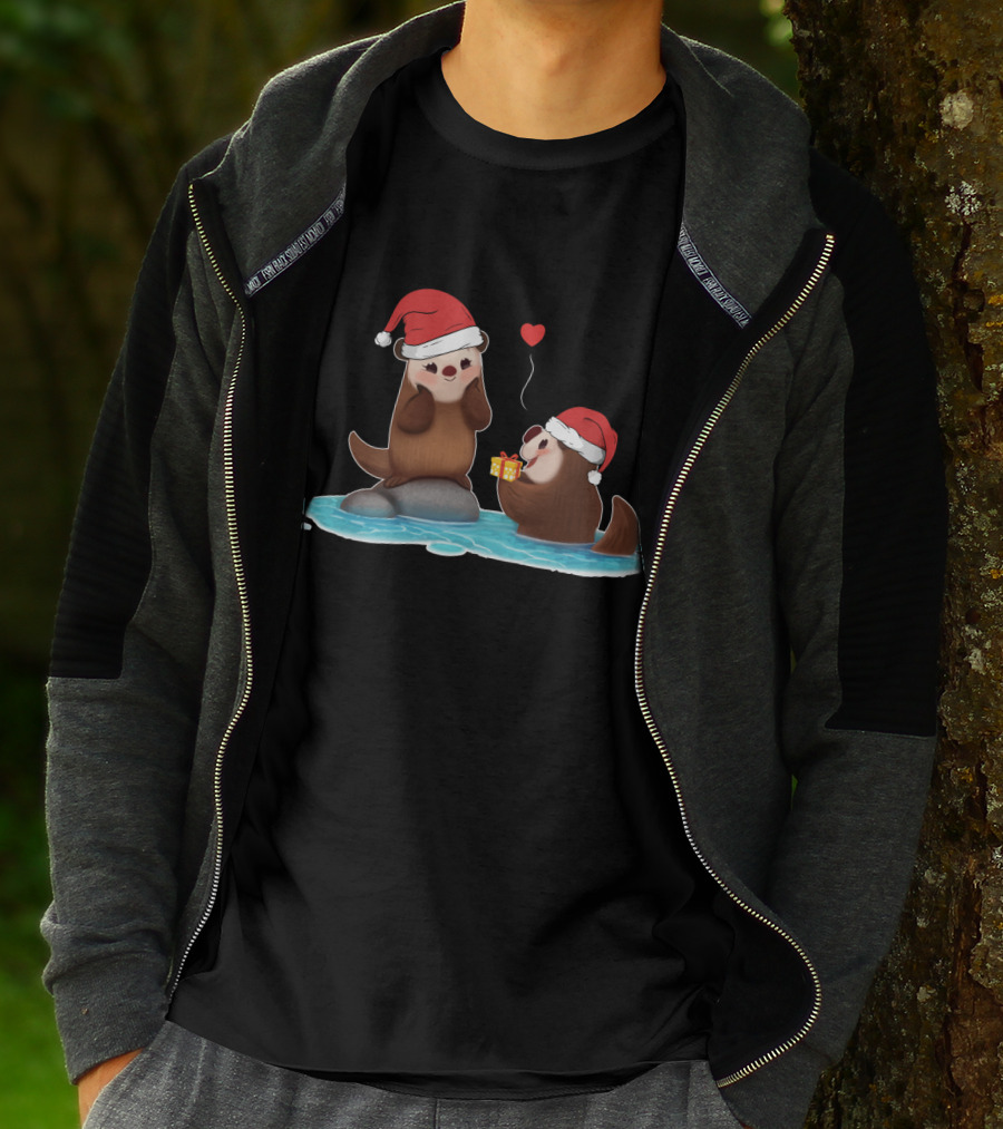 Cute Otter Santa With Gift And Heart On Ice T-Shirt