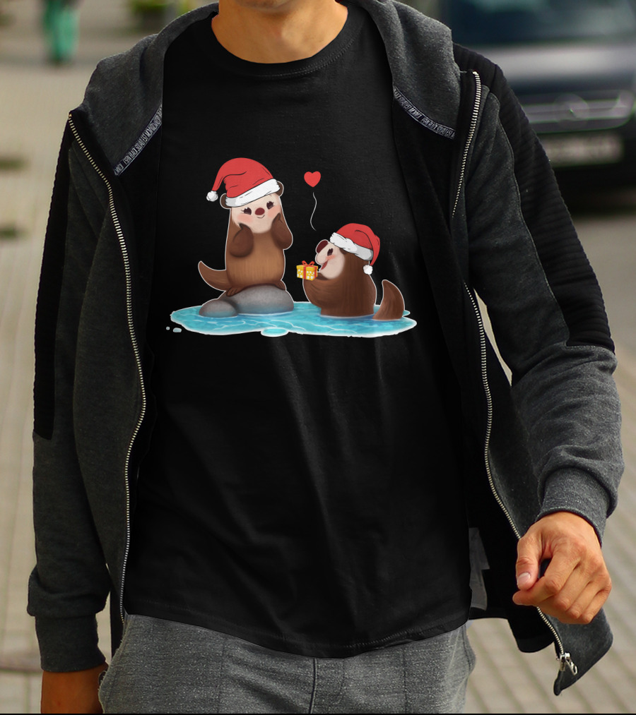 Cute Otter Santa With Gift And Heart On Ice T-Shirt