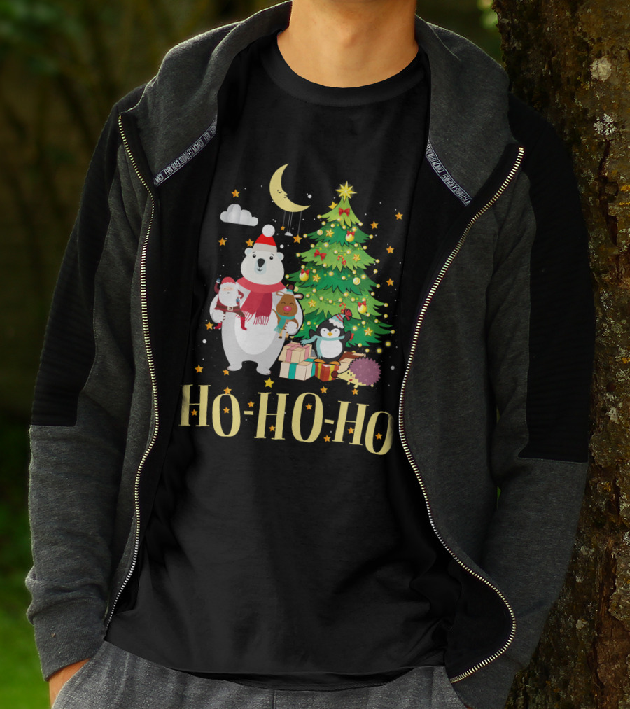 HO HO HO Christmas Dreams Polar Bear Santa Penguin Tree T-Shirt