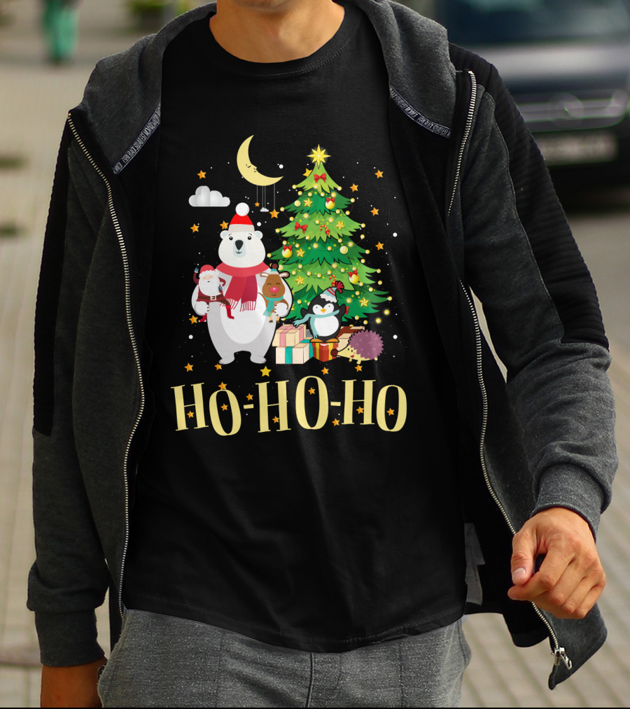 HO HO HO Christmas Dreams Polar Bear Santa Penguin Tree T-Shirt