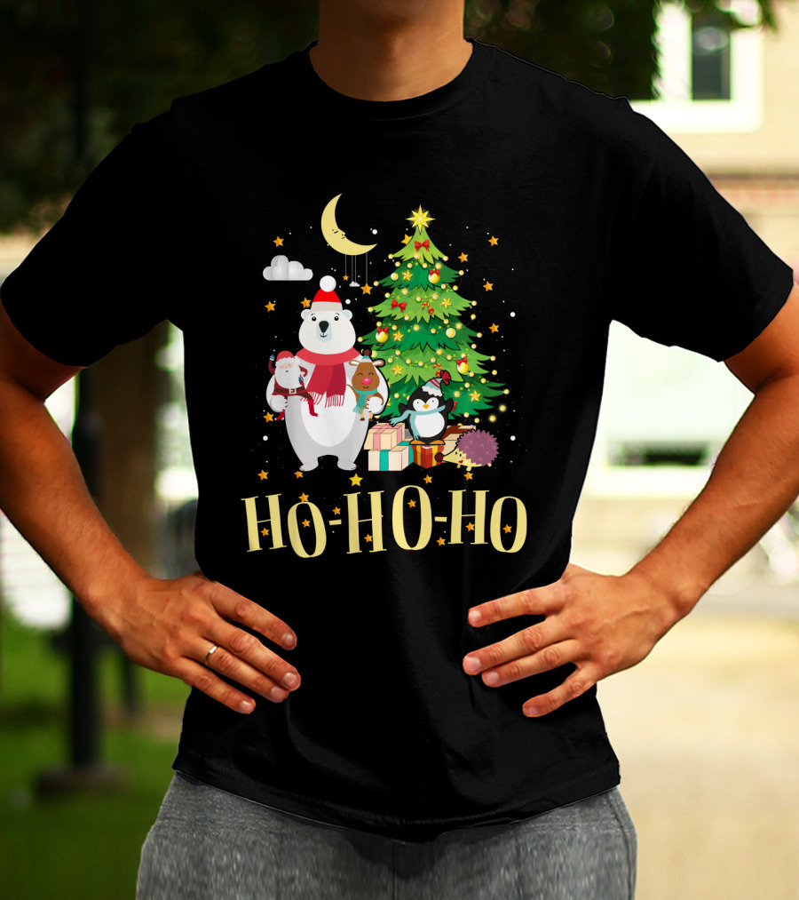 HO HO HO Christmas Dreams Polar Bear Santa Penguin Tree T-Shirt