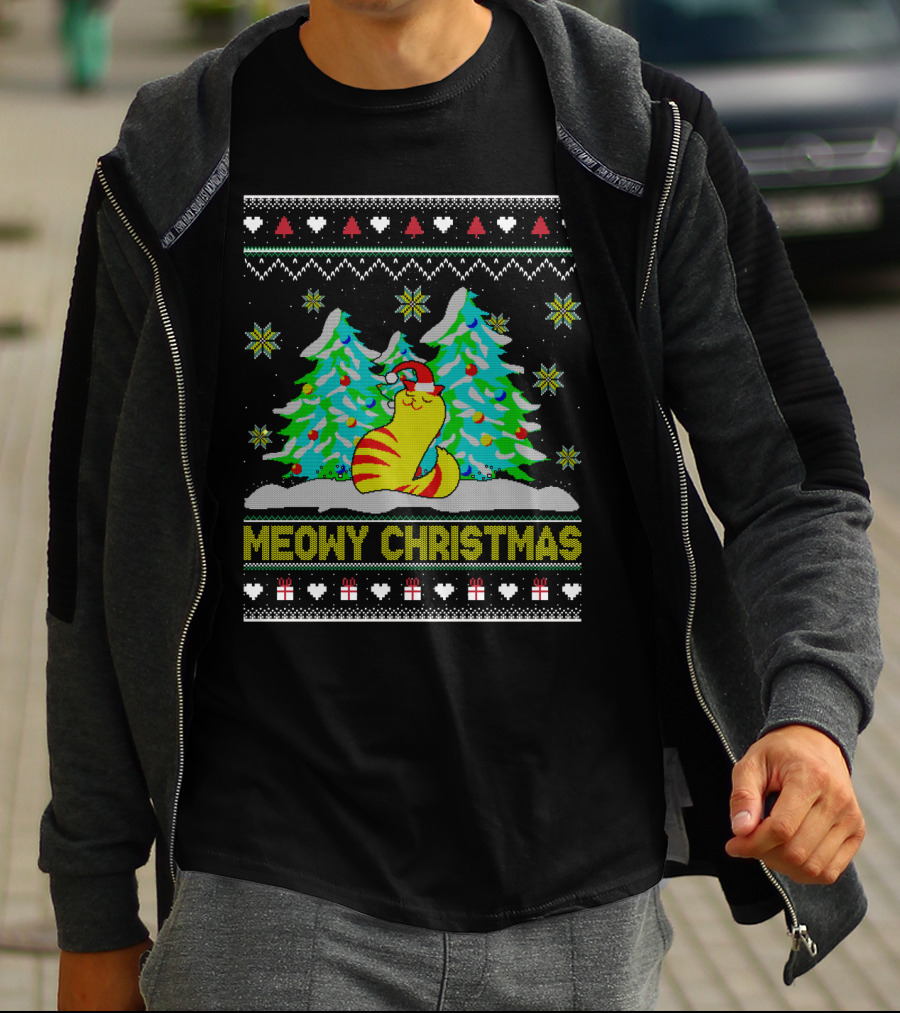 Meowy Christmas Cat Lover Ugly Christmas T-Shirt