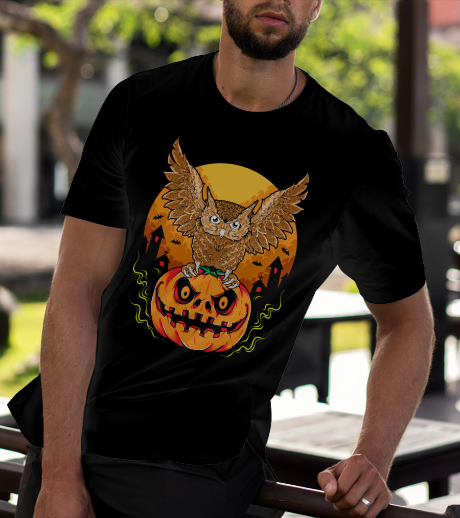Owl Perched On Halloween Pumpkin With Haunted Houses And Bats T-Shirt