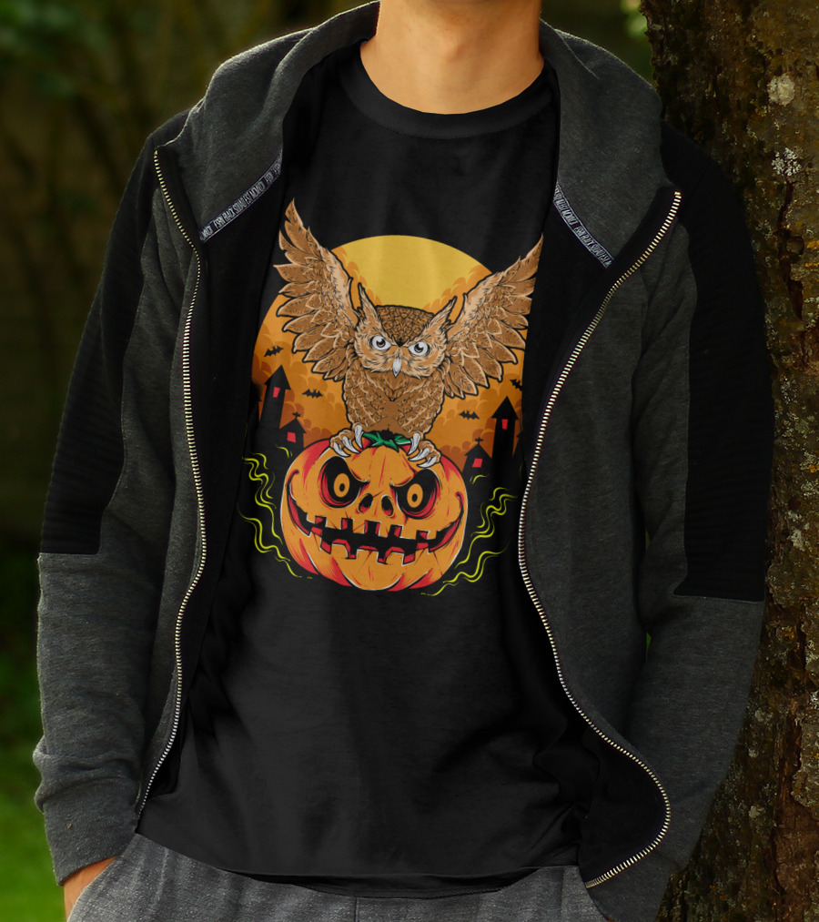 Owl Perched On Halloween Pumpkin With Haunted Houses And Bats T-Shirt