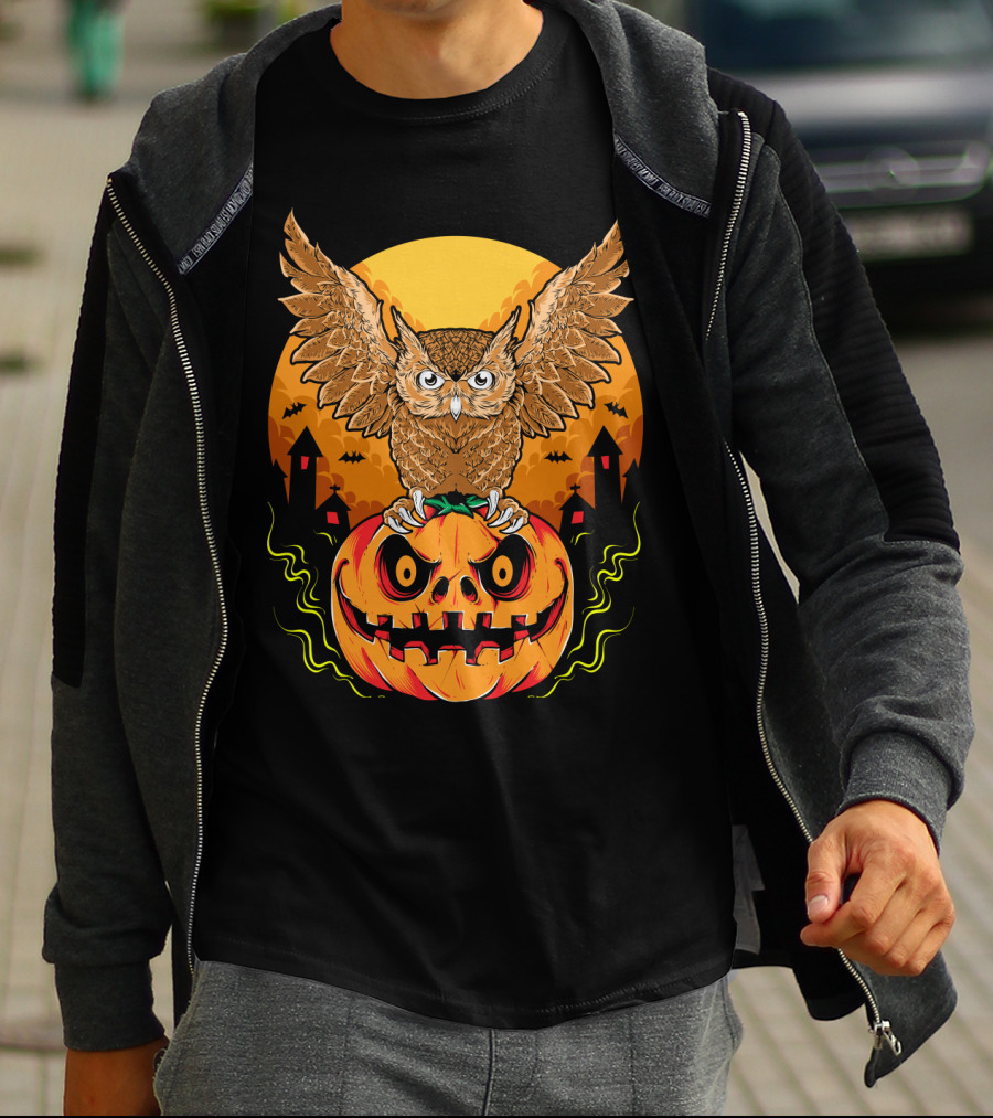 Owl Perched On Halloween Pumpkin With Haunted Houses And Bats T-Shirt