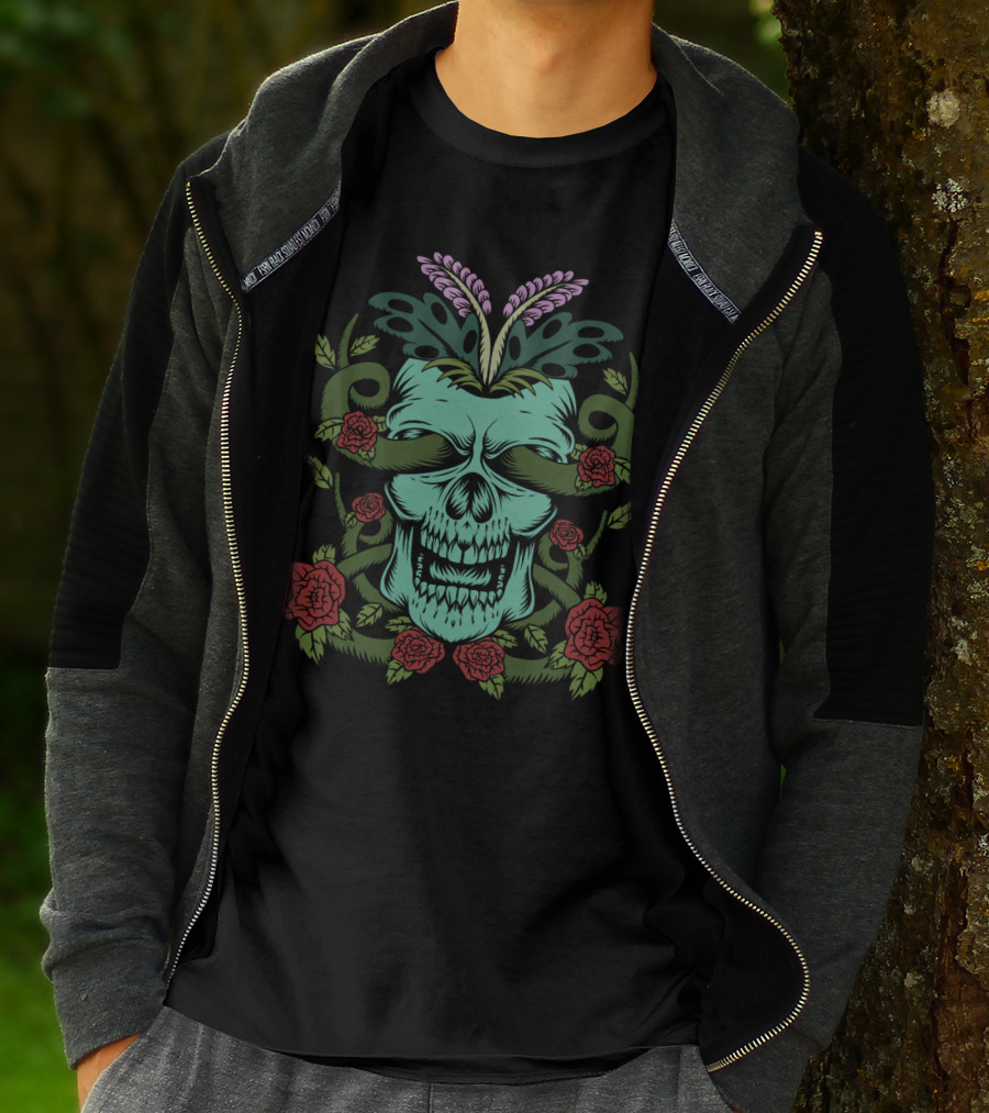 Skull Rose Floral Motif With Decorative Elements T-Shirt