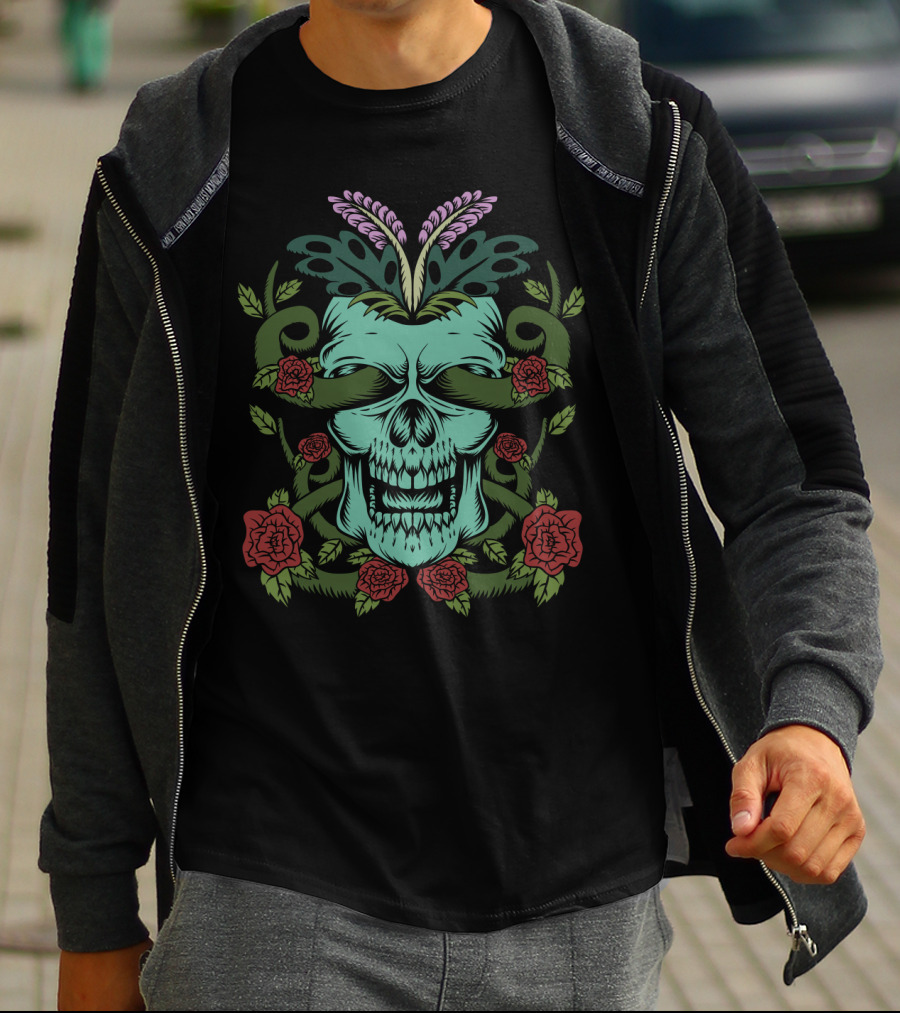 Skull Rose Floral Motif With Decorative Elements T-Shirt