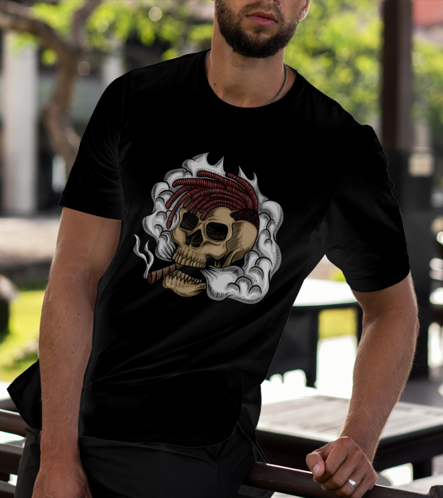 Skull Smoke Cigar With Red Braided Hair And White Smoke Plumes T-Shirt