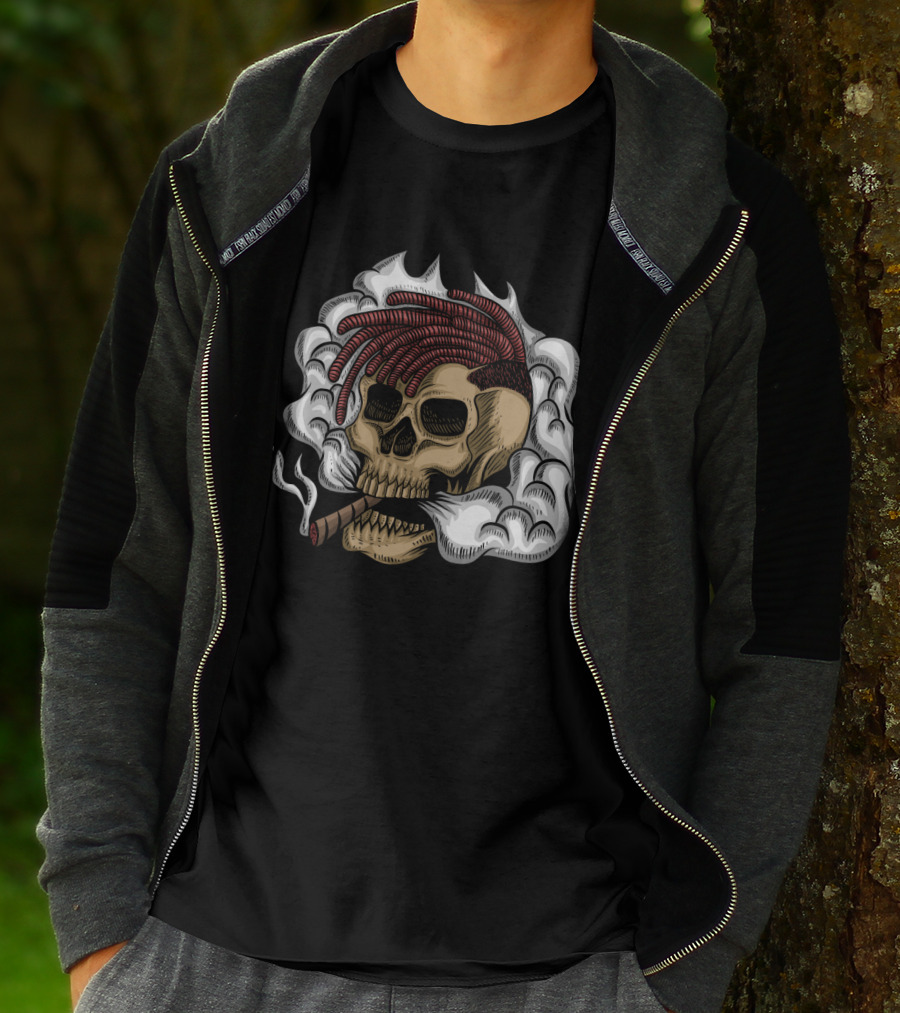 Skull Smoke Cigar With Red Braided Hair And White Smoke Plumes T-Shirt