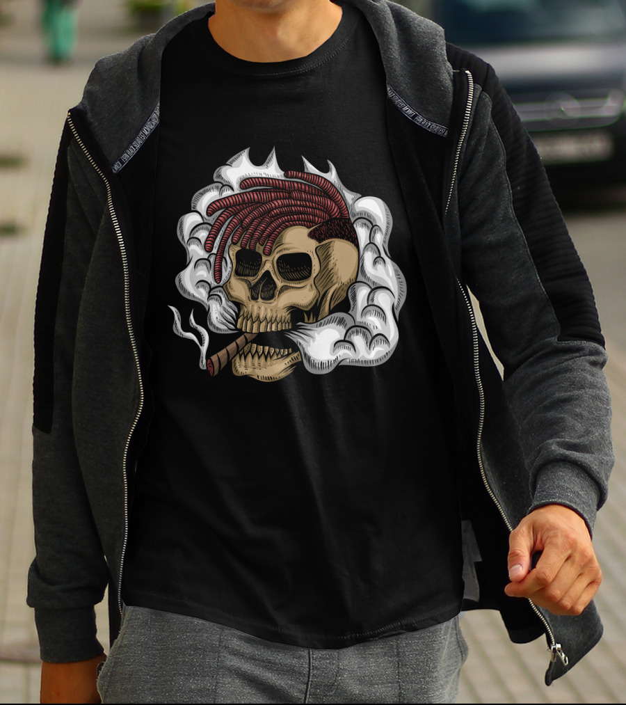 Skull Smoke Cigar With Red Braided Hair And White Smoke Plumes T-Shirt