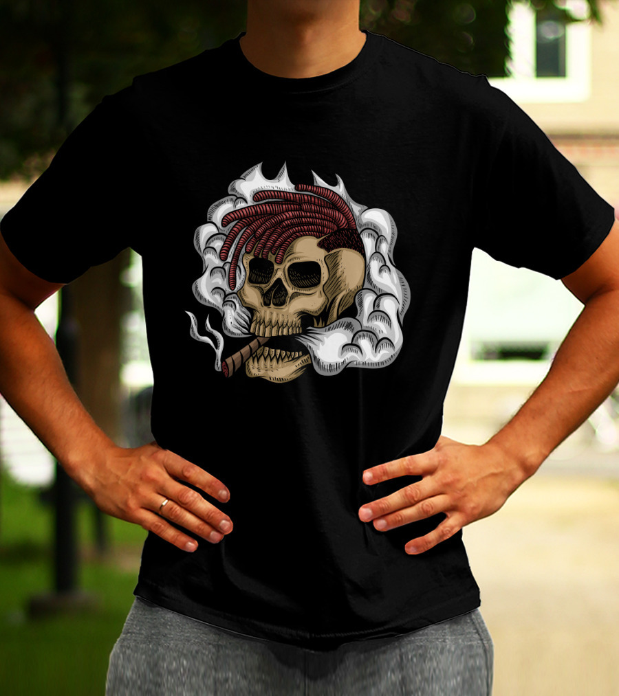 Skull Smoke Cigar With Red Braided Hair And White Smoke Plumes T-Shirt