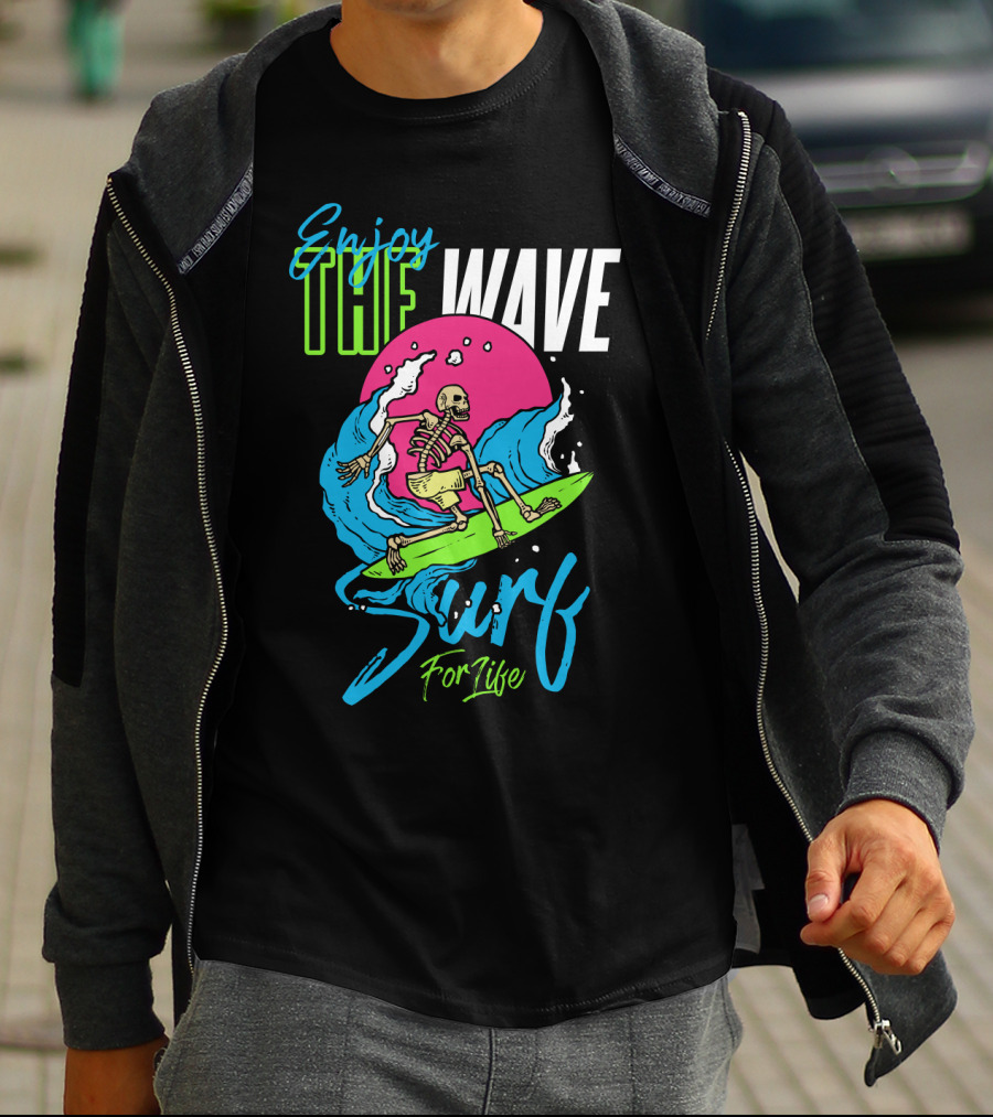 Enjoy The Wave Surf For Life Skull Surfing Summer T-Shirt