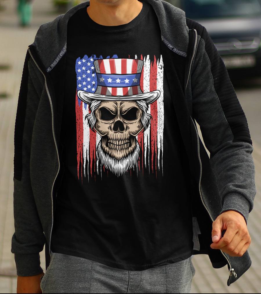Skull Uncle Sam American Flag Hat T-Shirt