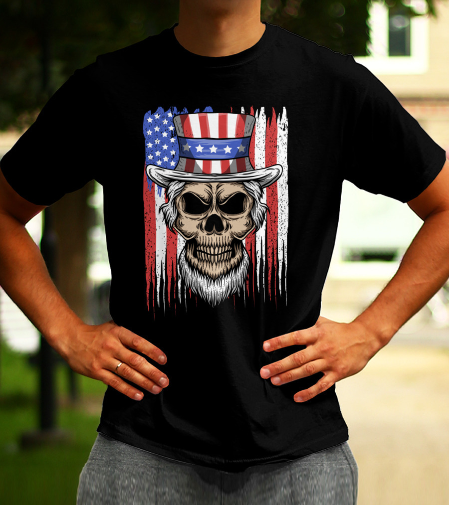 Skull Uncle Sam American Flag Hat T-Shirt
