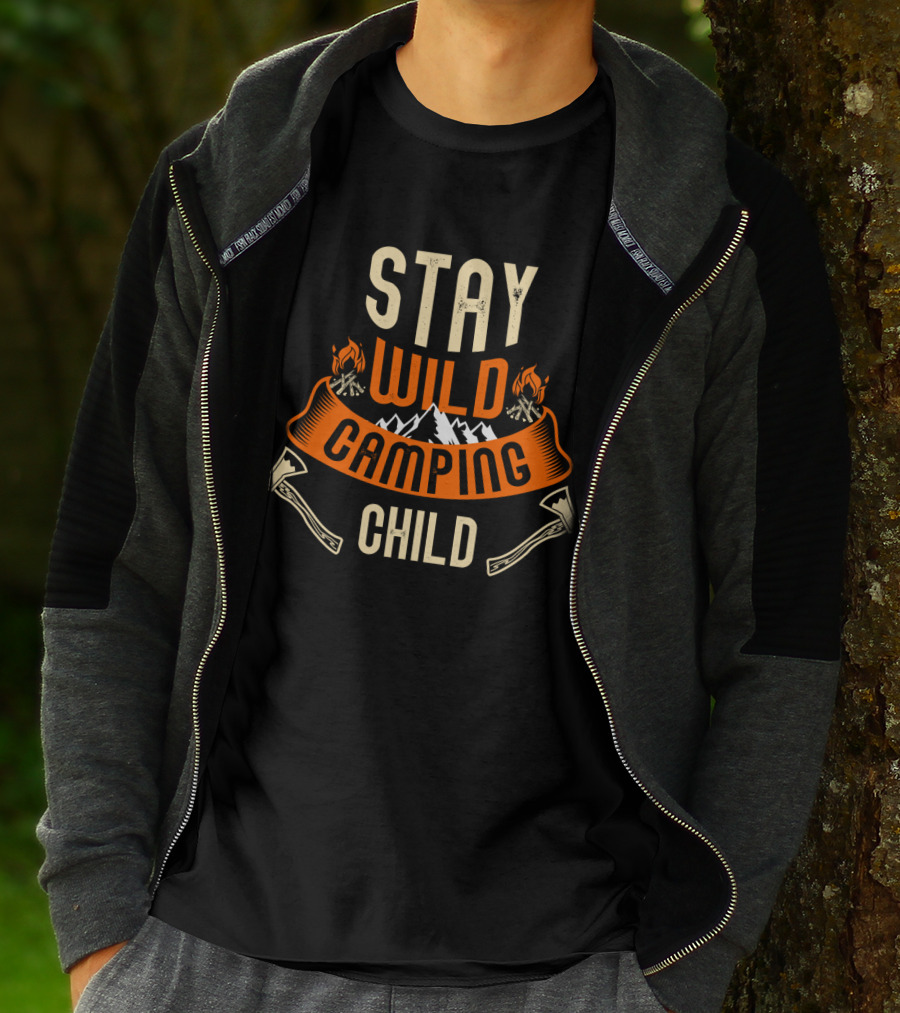 Stay Wild Camping Child Campfire Adventure Mountains Axes T-Shirt