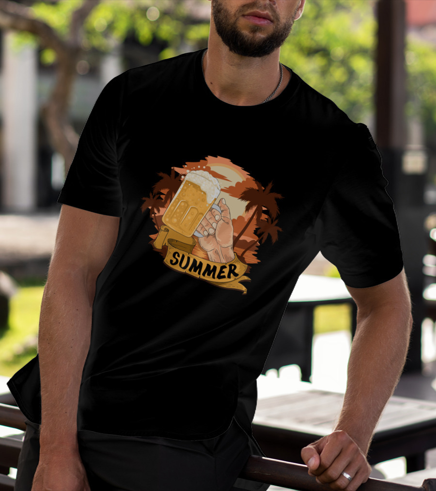 Summer Beach Beer Cheers At Sunset Palm Landscape T-Shirt