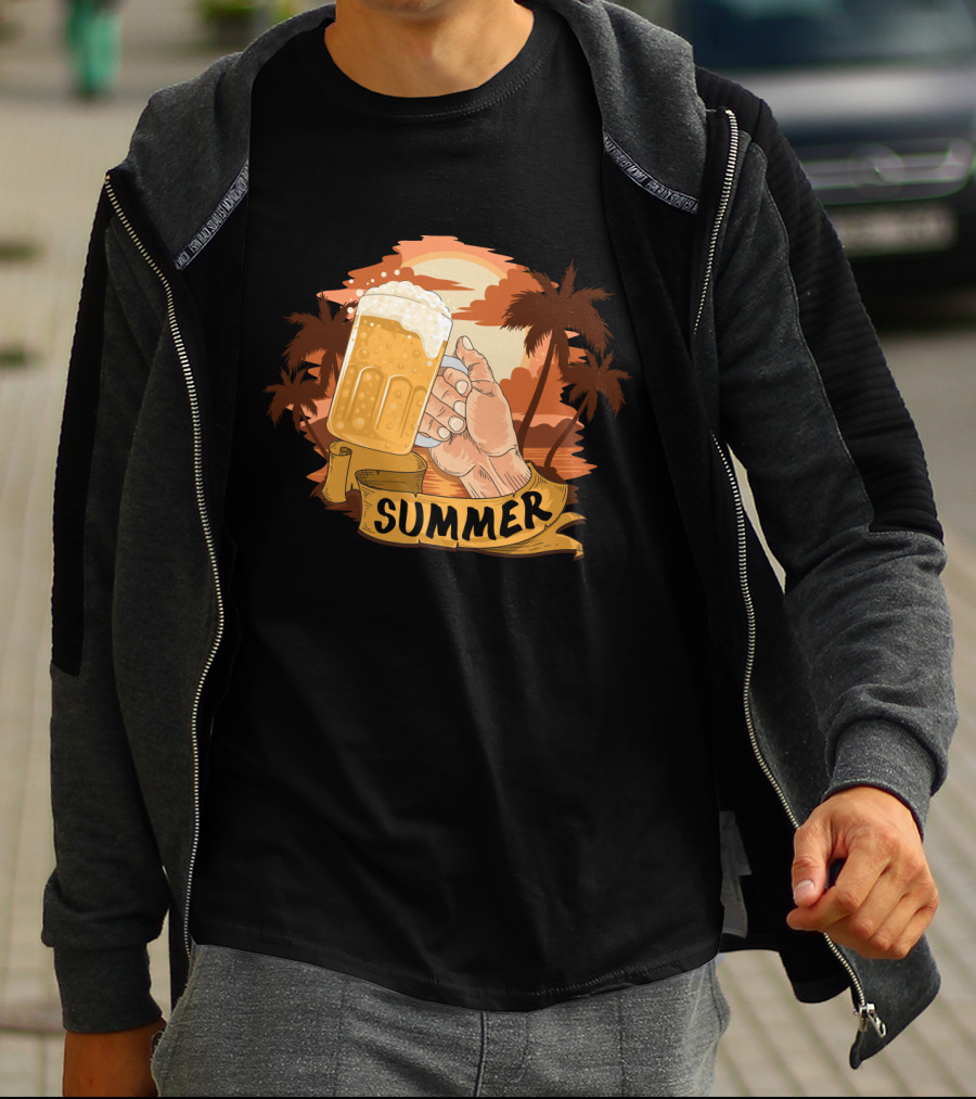Summer Beach Beer Cheers At Sunset Palm Landscape T-Shirt