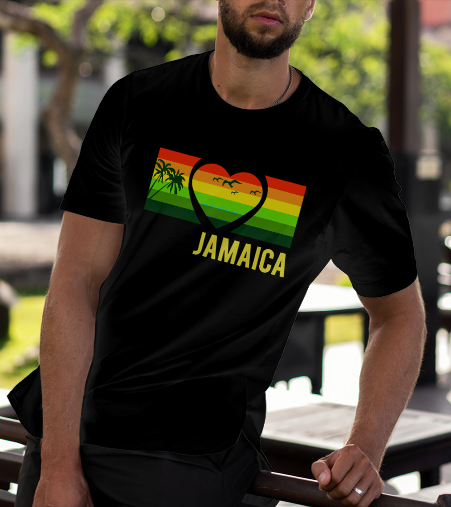 Jamaica Heart Rasta Reggae Sunset With Palm Trees And Birds T-Shirt