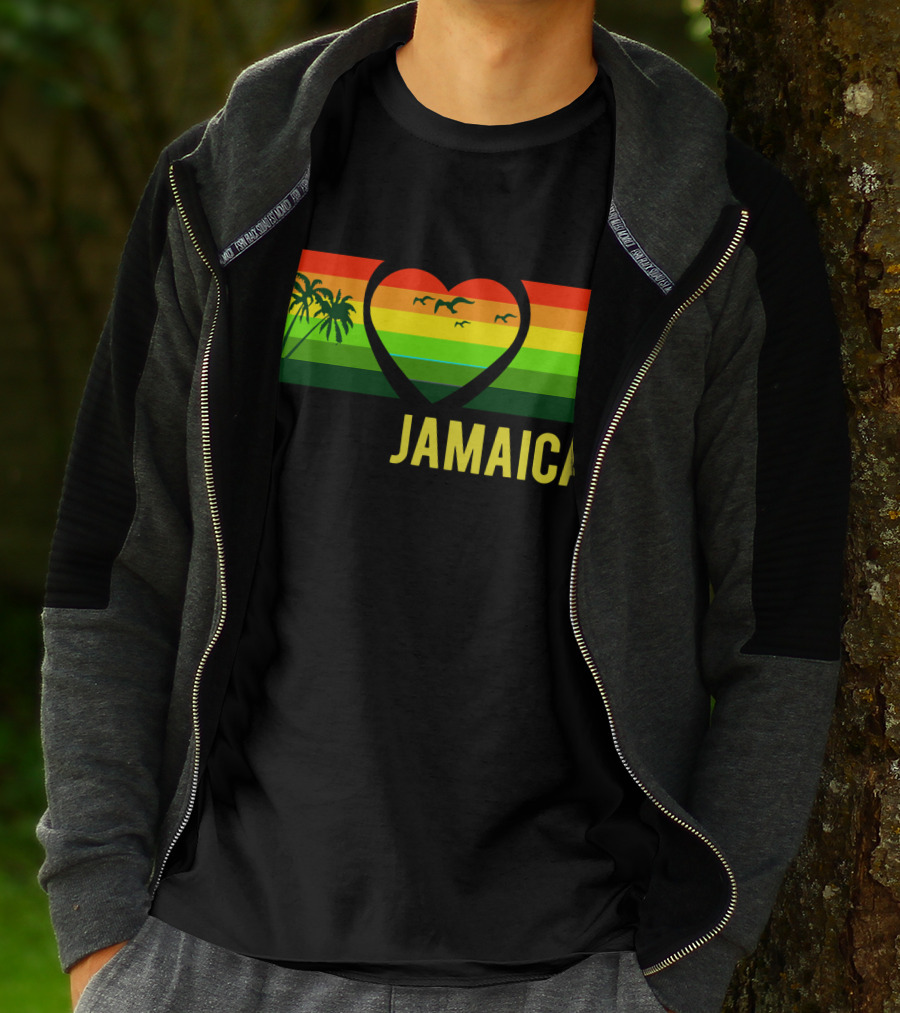Jamaica Heart Rasta Reggae Sunset With Palm Trees And Birds T-Shirt