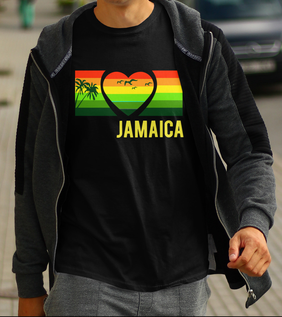 Jamaica Heart Rasta Reggae Sunset With Palm Trees And Birds T-Shirt