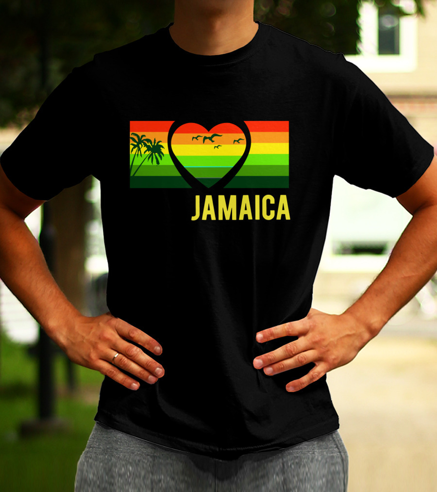 Jamaica Heart Rasta Reggae Sunset With Palm Trees And Birds T-Shirt