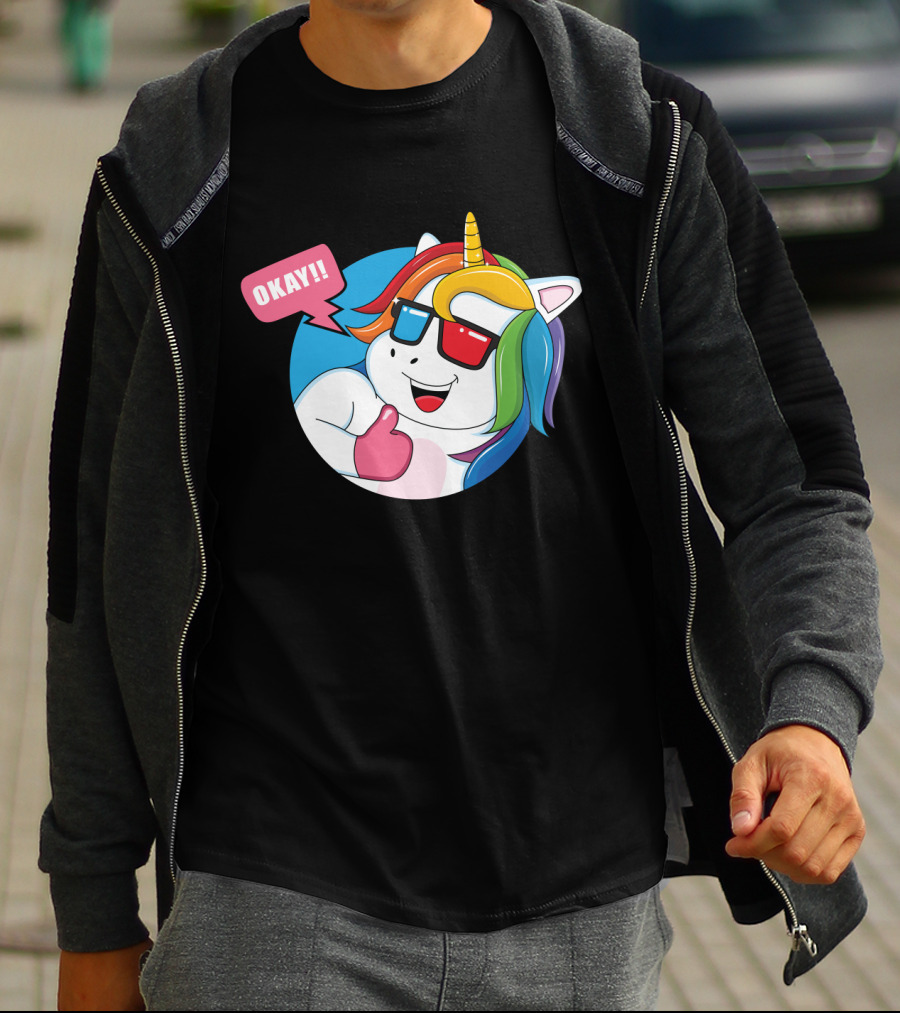 OKAY Unicorn Expression Rainbow Sunglasses Thumbs Up T-Shirt