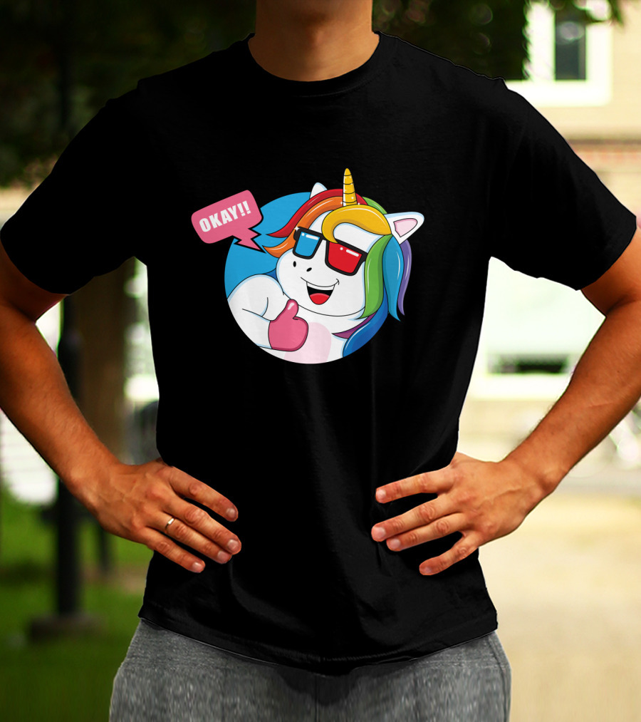 OKAY Unicorn Expression Rainbow Sunglasses Thumbs Up T-Shirt