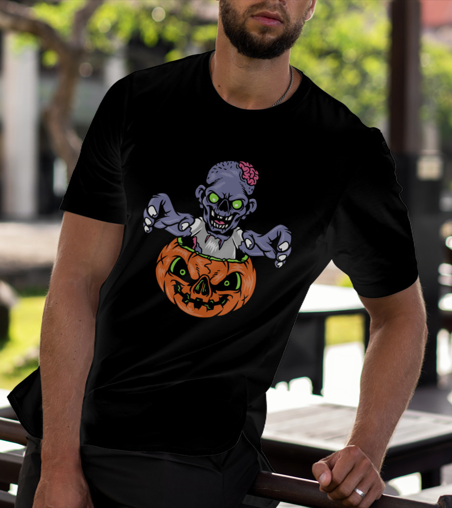 Zombie In Pumpkin With Glowing Eyes And Brain T-Shirt