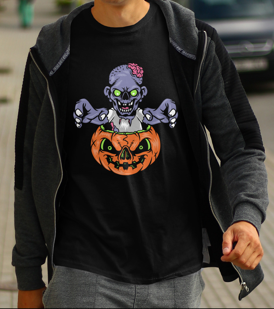 Zombie In Pumpkin With Glowing Eyes And Brain T-Shirt