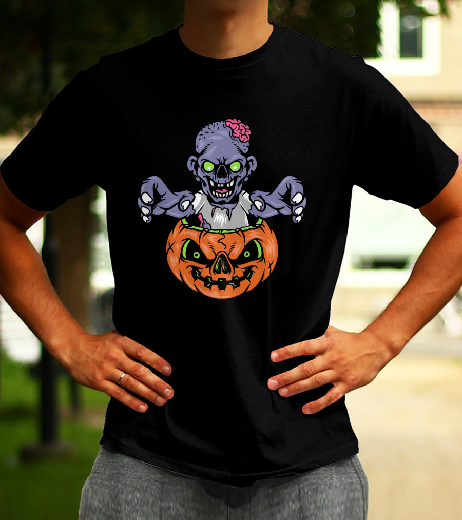 Zombie In Pumpkin With Glowing Eyes And Brain T-Shirt