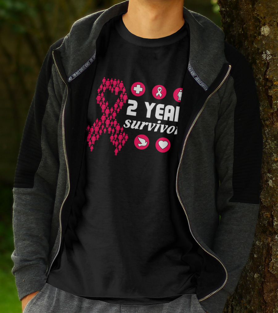 2 Year Survivor Pink Ribbon Breast Cancer Awareness Icons T-Shirt