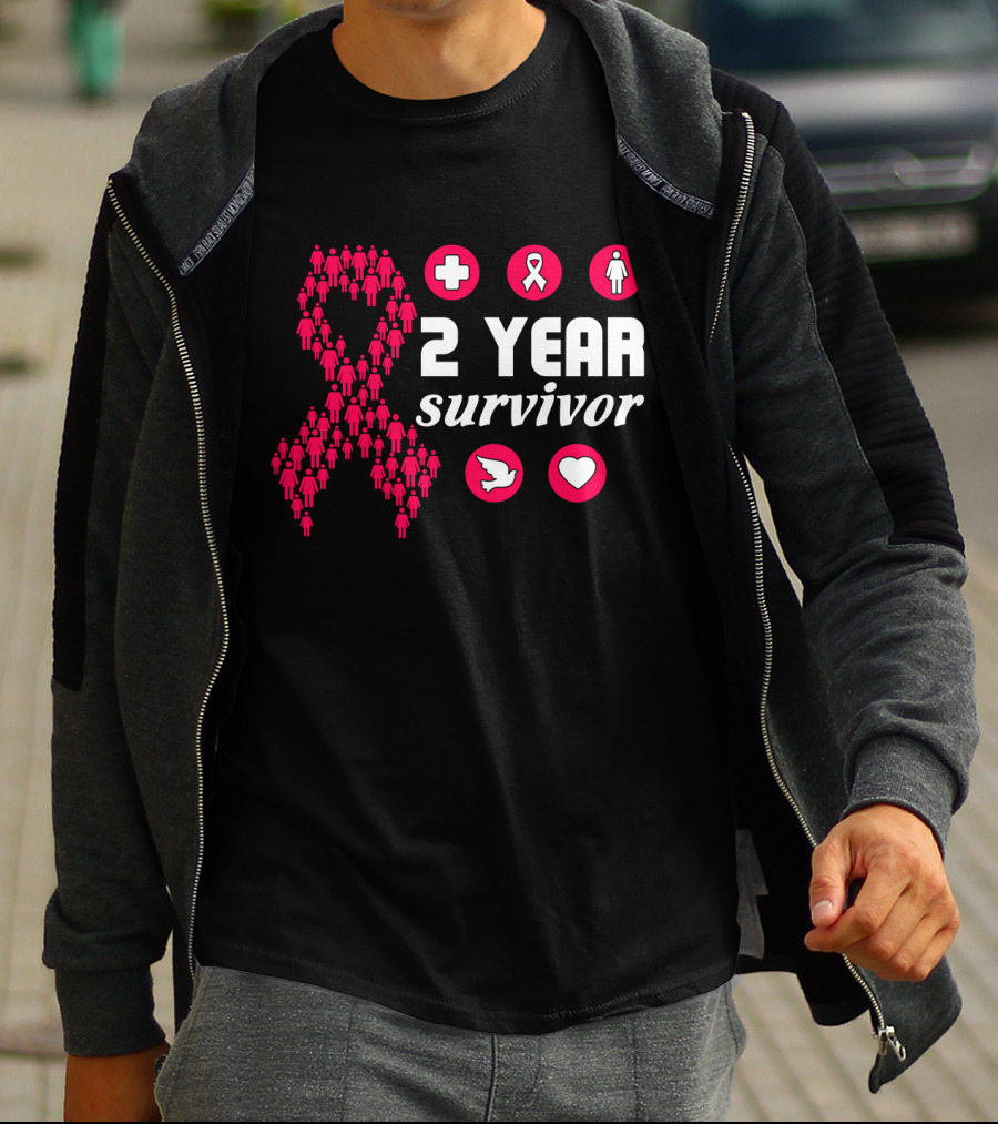 2 Year Survivor Pink Ribbon Breast Cancer Awareness Icons T-Shirt