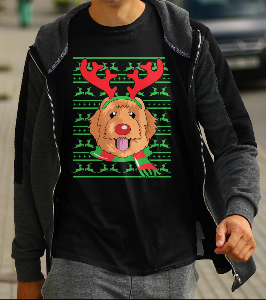 Golden Doodle Reindeer Christmas Scarf And Antlers T-Shirt