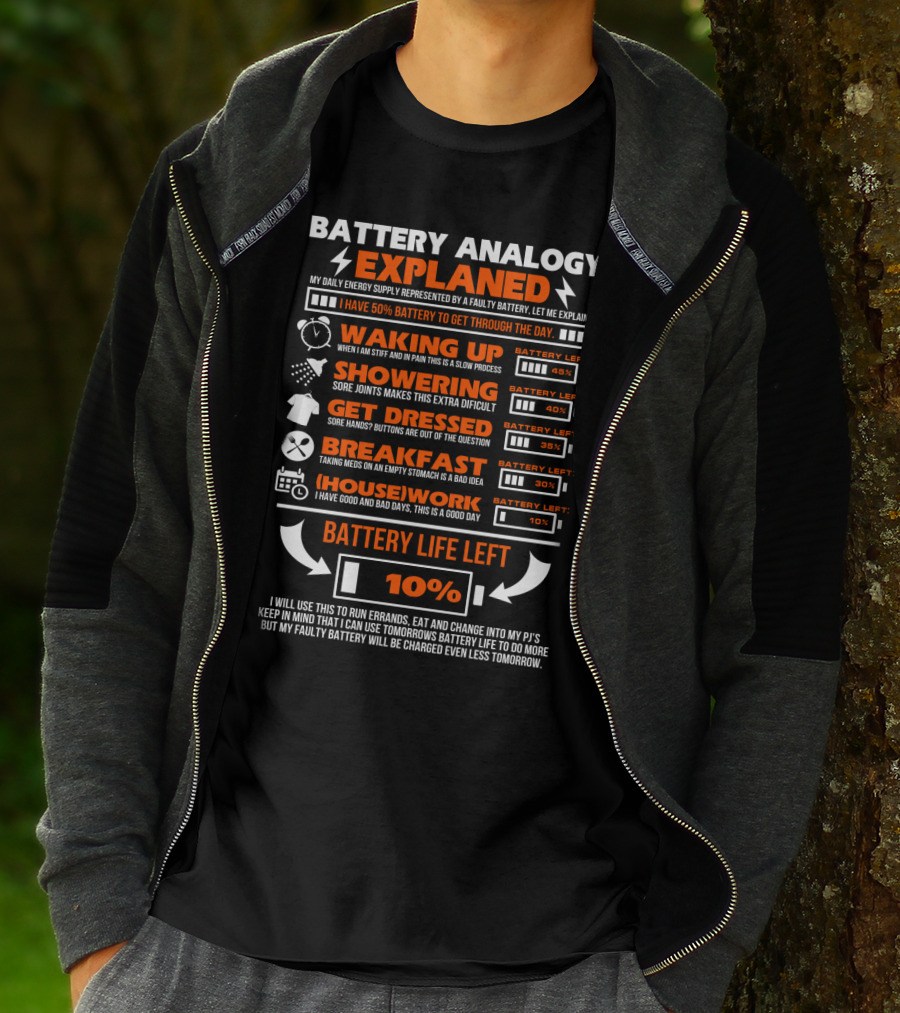 Battery Analogy Explained Waking Up Showering Get Dressed Breakfast Housework Battery Life Left 10% T-Shirt