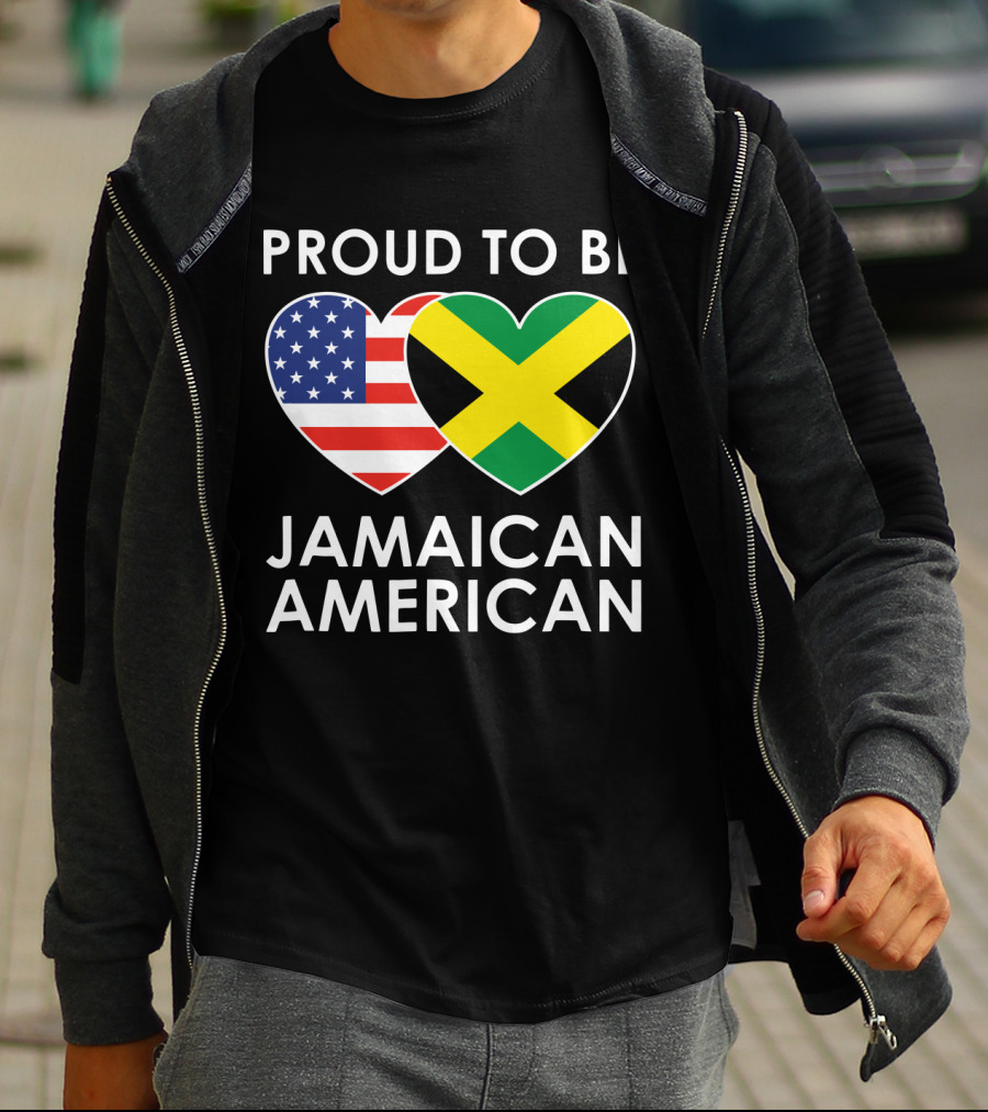 Proud To Be Jamaican American USA Flag Jamaican Flag Hearts T-Shirt