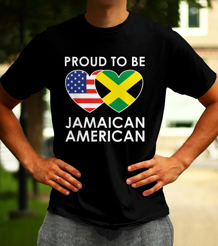 Proud To Be Jamaican American USA Flag Jamaican Flag Hearts T-Shirt